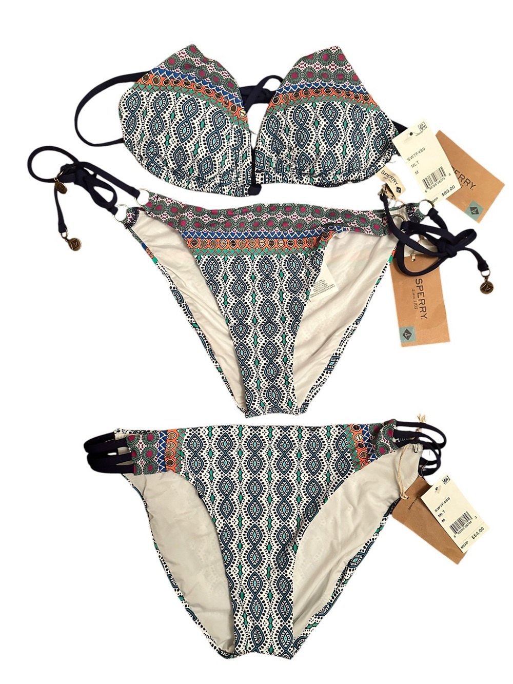 Sperry Women's Navy Patterned Bikini Set Top + Bottoms Size M NWT